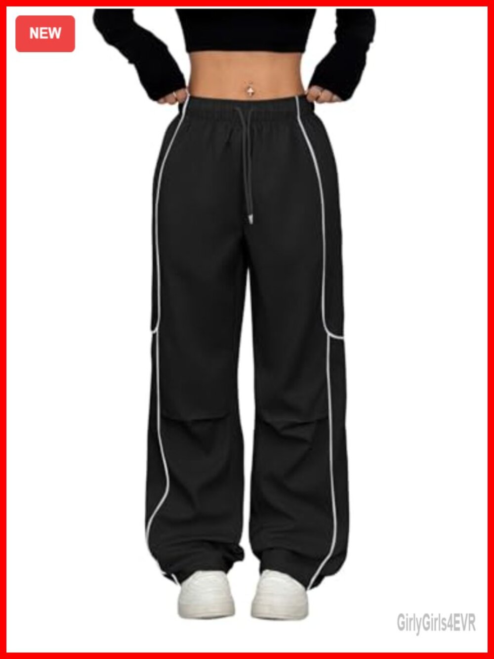 Parachute Cargo Jogger Pants Contrast Piping Wide Leg Y2K Streetwear